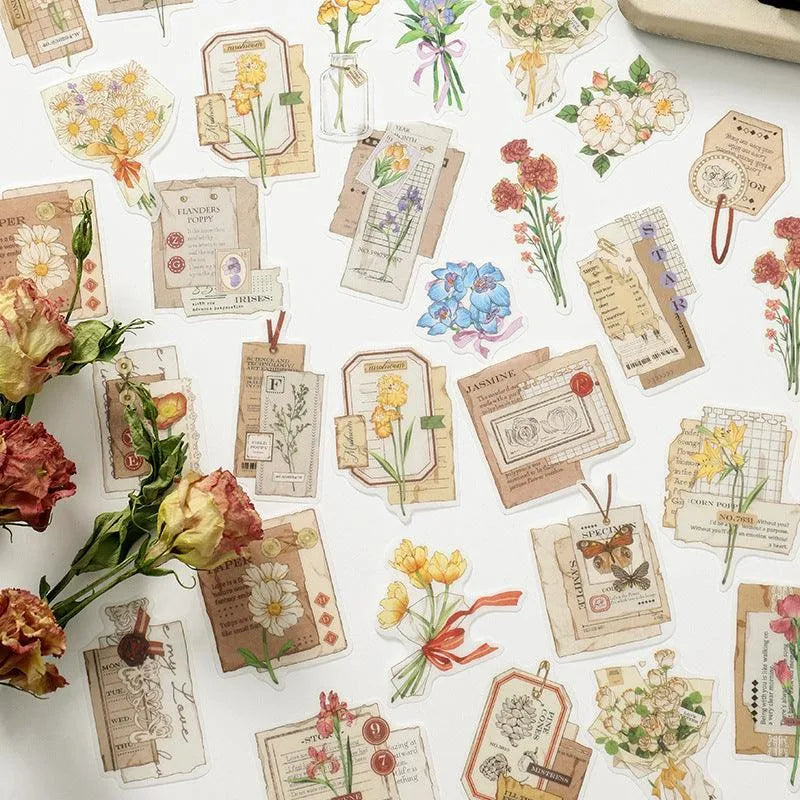 Vintage Botanical Sticker Pack - 30 Pcs Retro Flower Adhesive Stickers for Journaling & Scrapbooking - PaperWrld