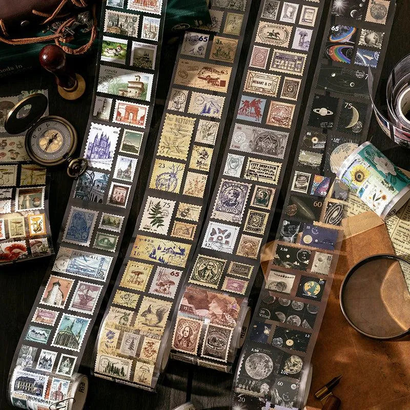 Vintage & Nature Postage Stamps Washi Tape Set - 150 Adhesive Stickers per Roll for Journaling & Scrapbooking - PaperWrld