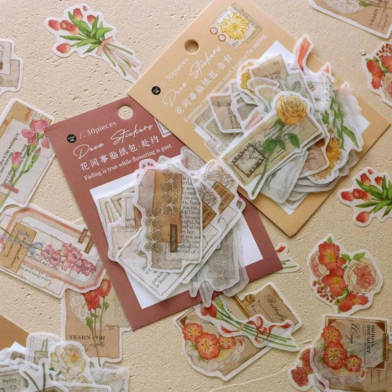 Vintage Botanical Sticker Pack - 30 Pcs Retro Flower Adhesive Stickers for Journaling & Scrapbooking - PaperWrld