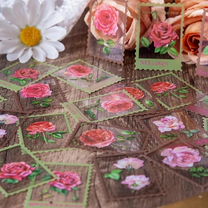 Vintage Flower Stamp Sticker Pack - 40 Pcs Botanical PET Stickers for Journaling & Scrapbooking - PaperWrld
