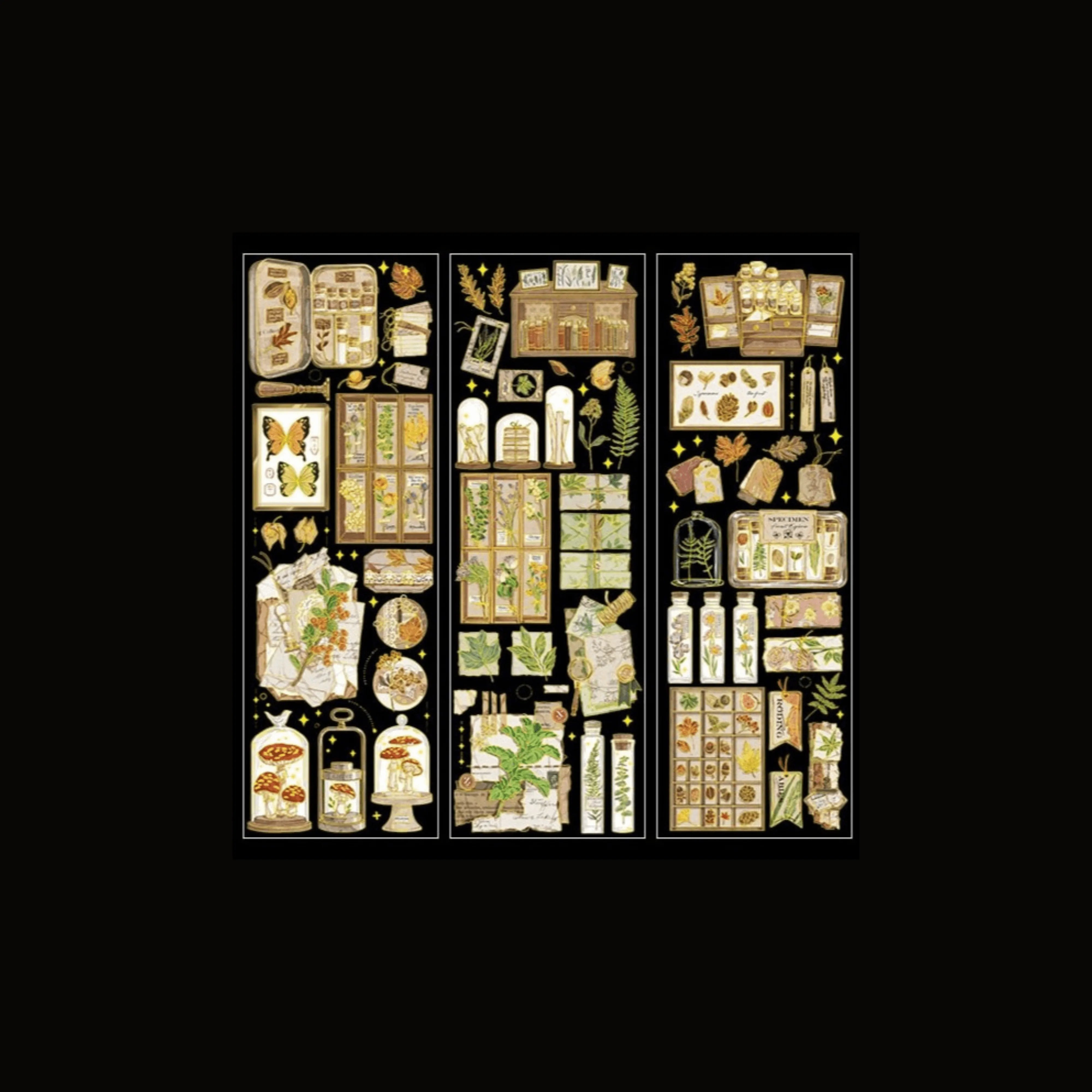 Gold-Lined PET Stickers Pack - 3 Sheets of Retro and Butterfly Designs for Journaling & Scrapbooking - PaperWrld