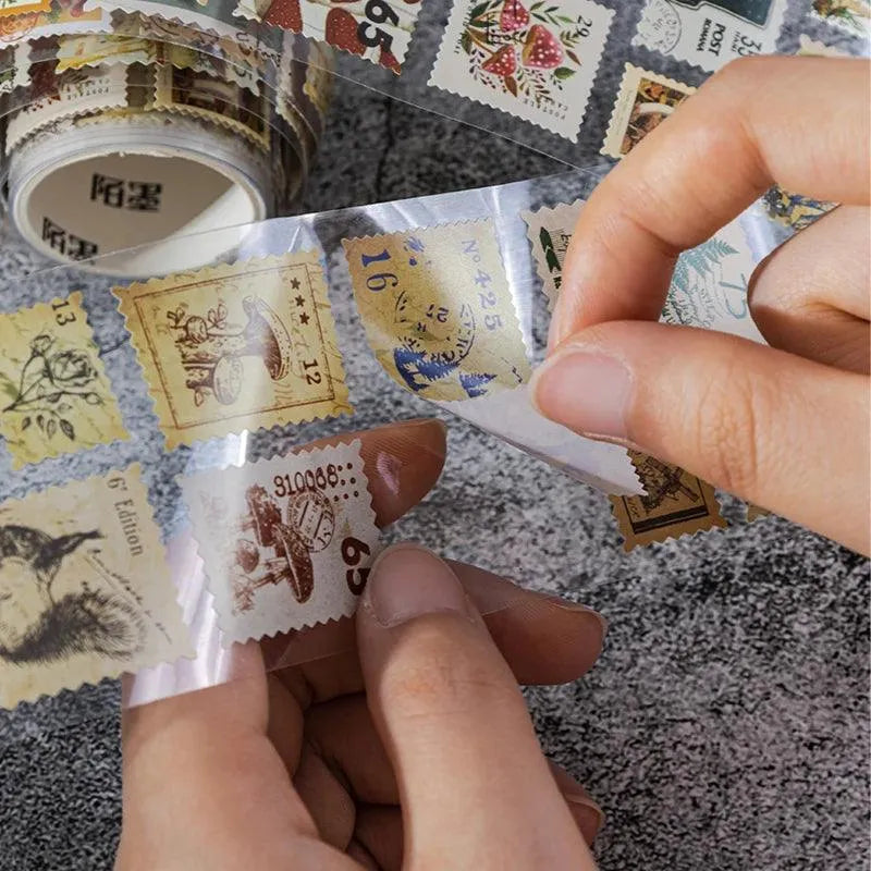Vintage & Nature Postage Stamps Washi Tape Set - 150 Adhesive Stickers per Roll for Journaling & Scrapbooking - PaperWrld