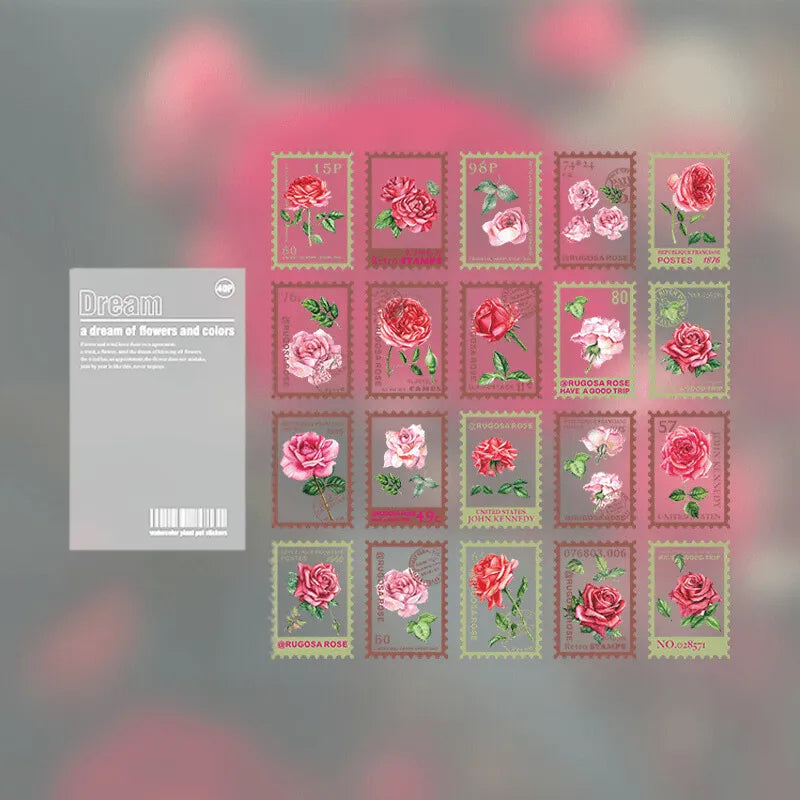 Vintage Flower Stamp Sticker Pack - 40 Pcs Botanical PET Stickers for Journaling & Scrapbooking - PaperWrld