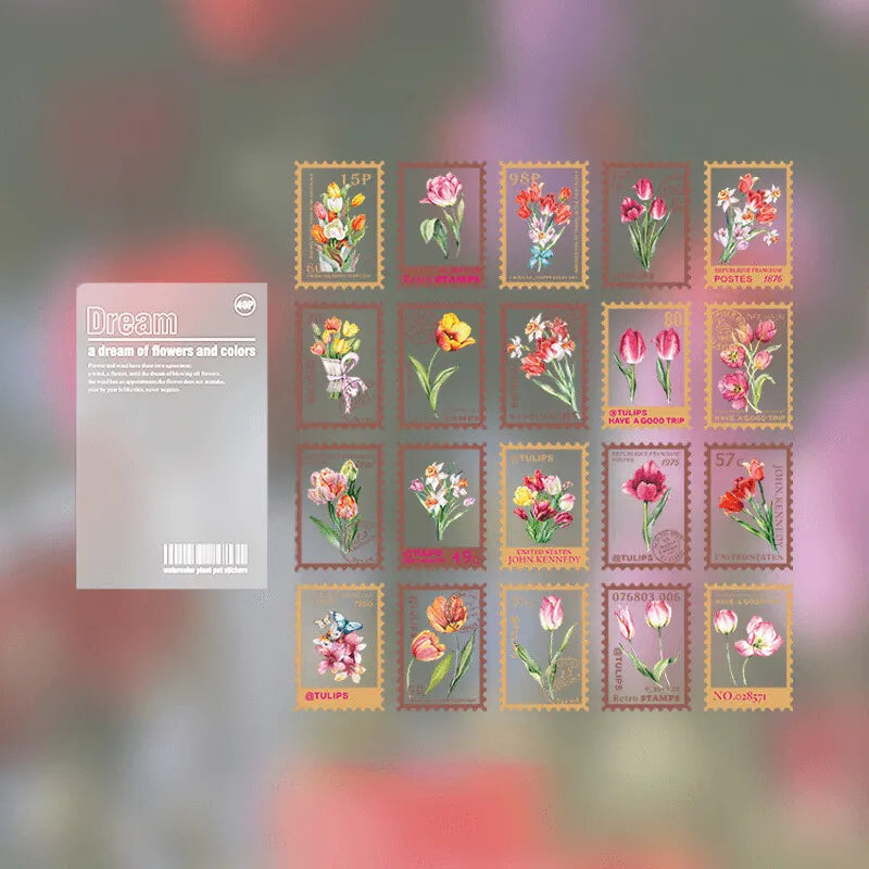 Vintage Flower Stamp Sticker Pack - 40 Pcs Botanical PET Stickers for Journaling & Scrapbooking - PaperWrld