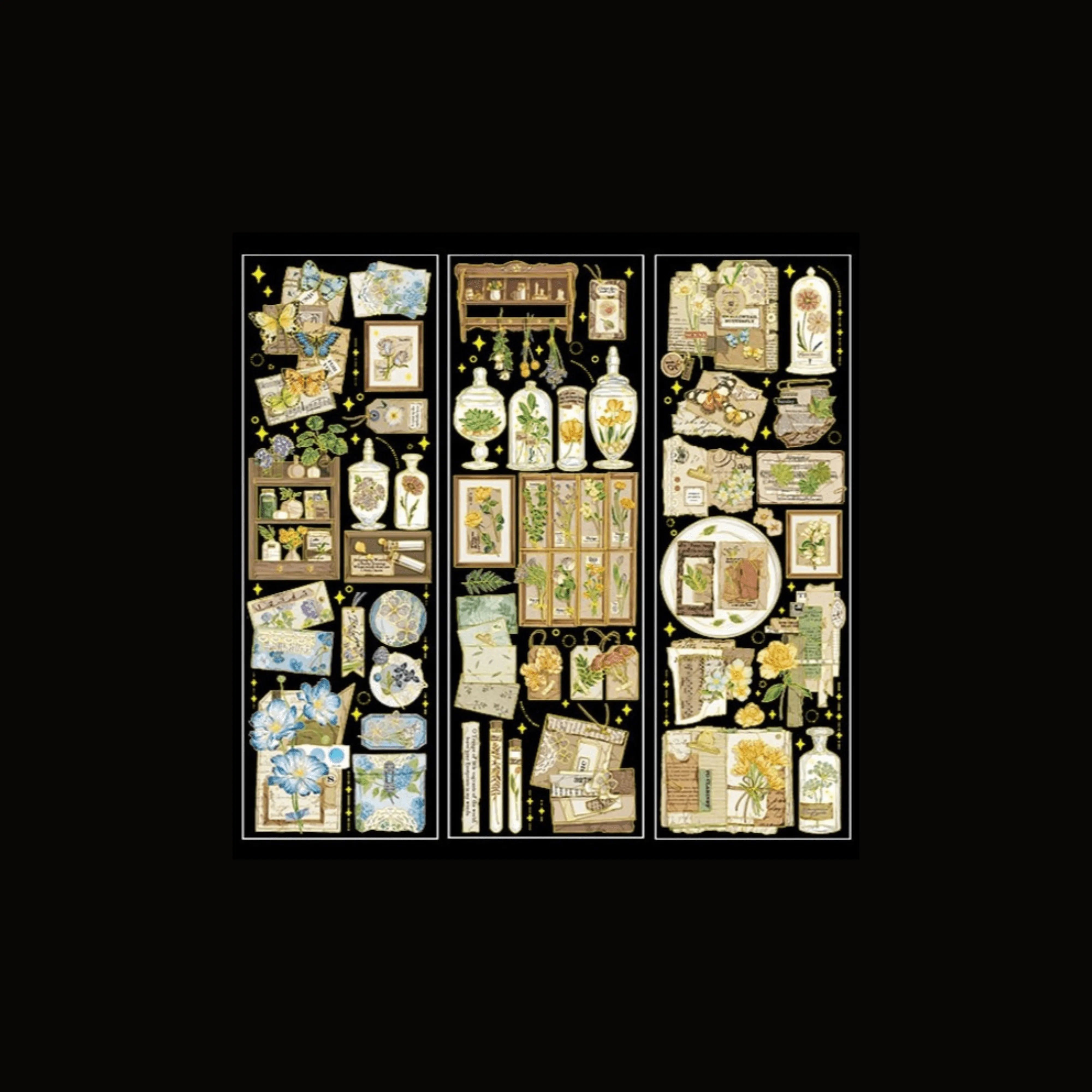 Gold-Lined PET Stickers Pack - 3 Sheets of Retro and Butterfly Designs for Journaling & Scrapbooking - PaperWrld