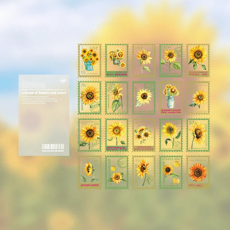 Vintage Flower Stamp Sticker Pack - 40 Pcs Botanical PET Stickers for Journaling & Scrapbooking - PaperWrld