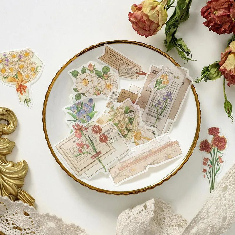 Vintage Botanical Sticker Pack - 30 Pcs Retro Flower Adhesive Stickers for Journaling & Scrapbooking - PaperWrld