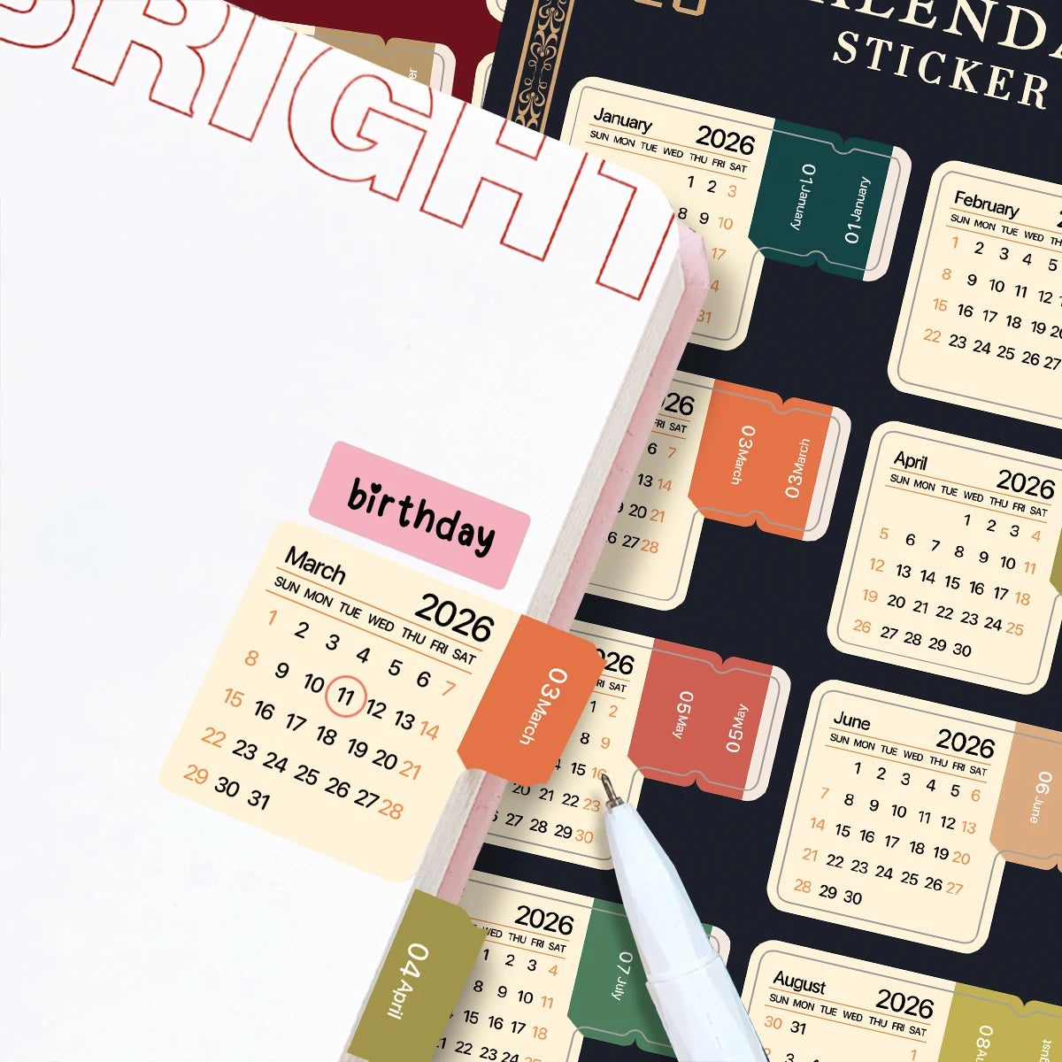 Vintage Monthly Calendar Stickers 2026–2027