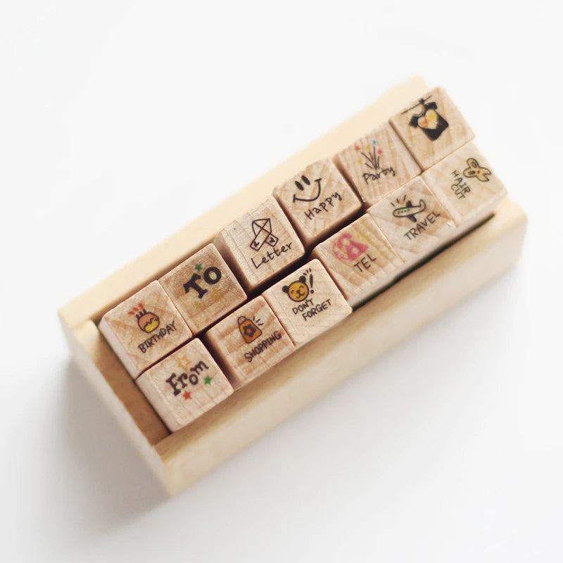Vintage Cartoon Wooden Rubber Stamp Set