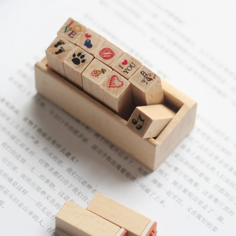 Vintage Cartoon Wooden Rubber Stamp Set