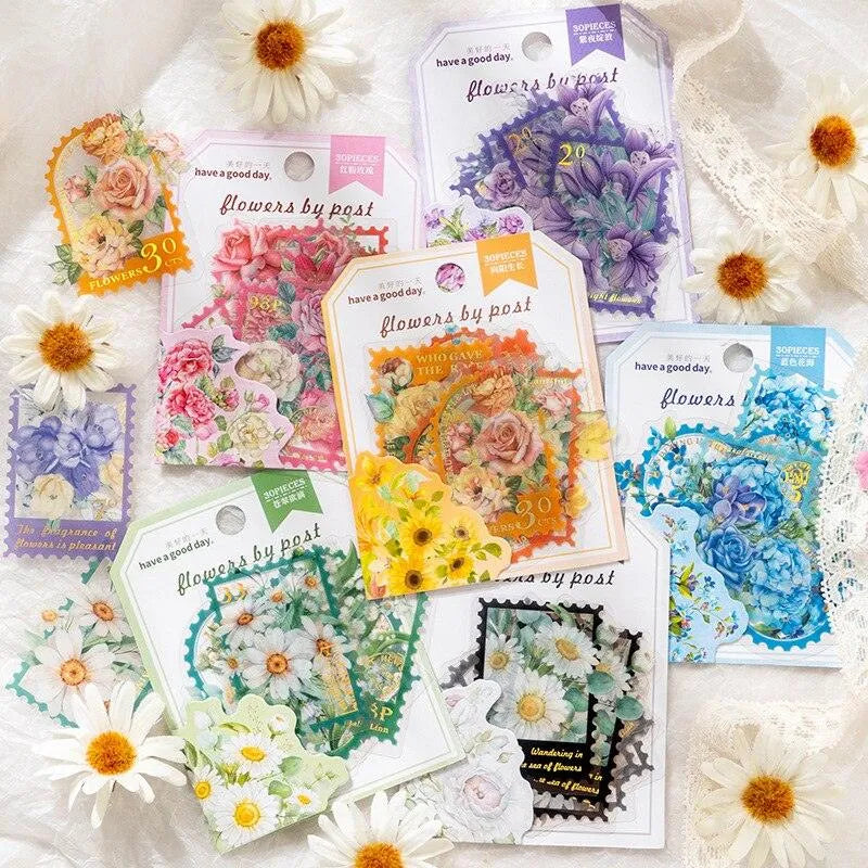 30 Pcs Colorful Floral PET Stamp Stickers for Journaling & Scrapbooking - PaperWrld