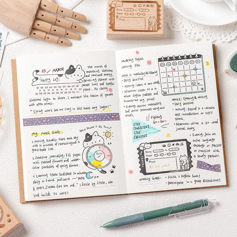 Cat Planner Wooden Rubber Stamp