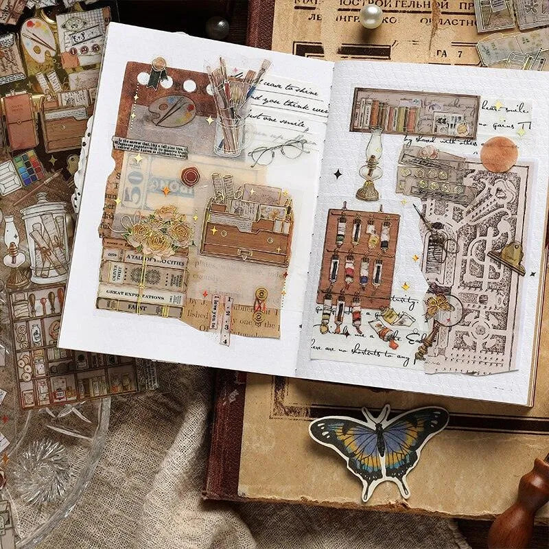 Gold-Lined PET Stickers Pack - 3 Sheets of Retro and Butterfly Designs for Journaling & Scrapbooking - PaperWrld