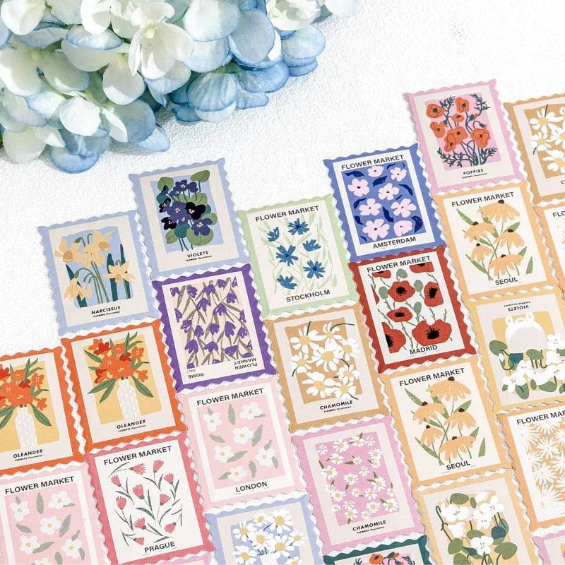 Vintage Floral Stamp Sticker Pack - 46 Pcs Self-Adhesive Paper Stickers for Journaling & Scrapbooking - PaperWrld