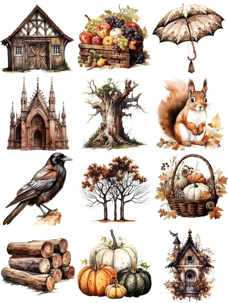12Pcs Gothic And Autumn Paper Stickers Set for Journaling & Scrapbooking - PaperWrld