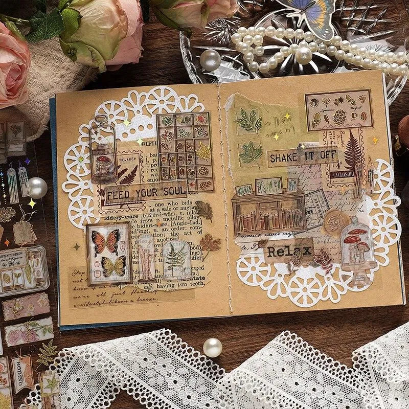 Gold-Lined PET Stickers Pack - 3 Sheets of Retro and Butterfly Designs for Journaling & Scrapbooking - PaperWrld