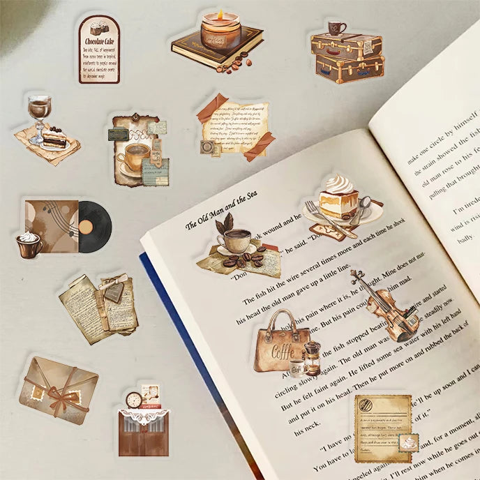 Cozy Café Collection PET Stickers – 50 Vintage Coffee & Bakery Stickers