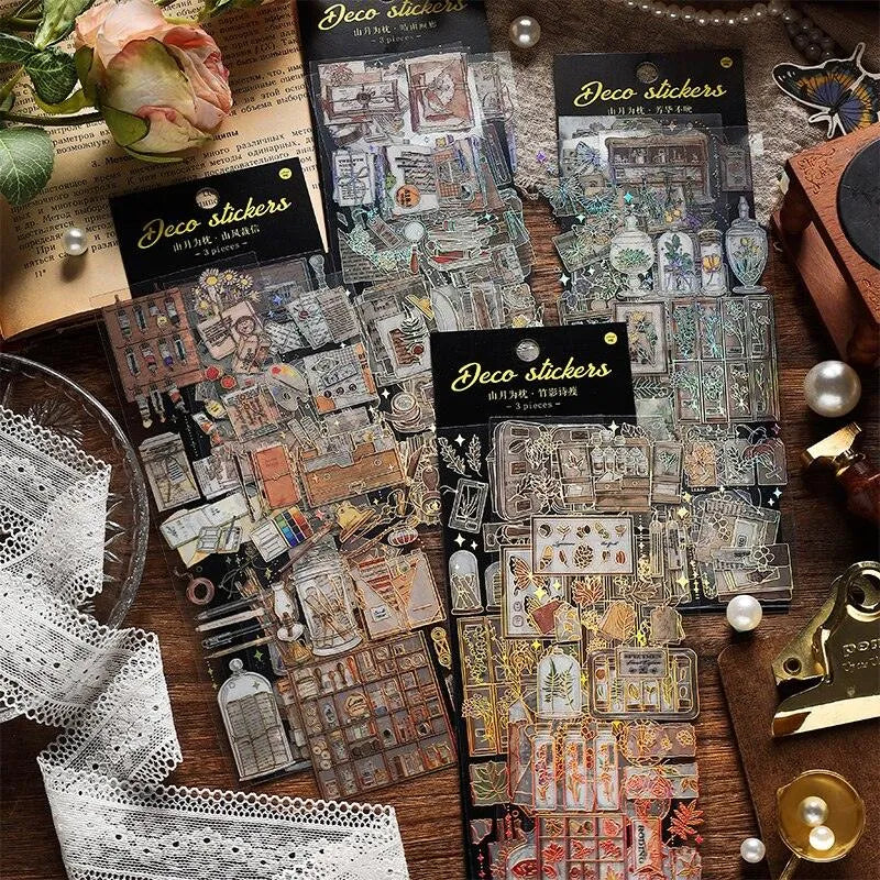 Gold-Lined PET Stickers Pack - 3 Sheets of Retro and Butterfly Designs for Journaling & Scrapbooking - PaperWrld