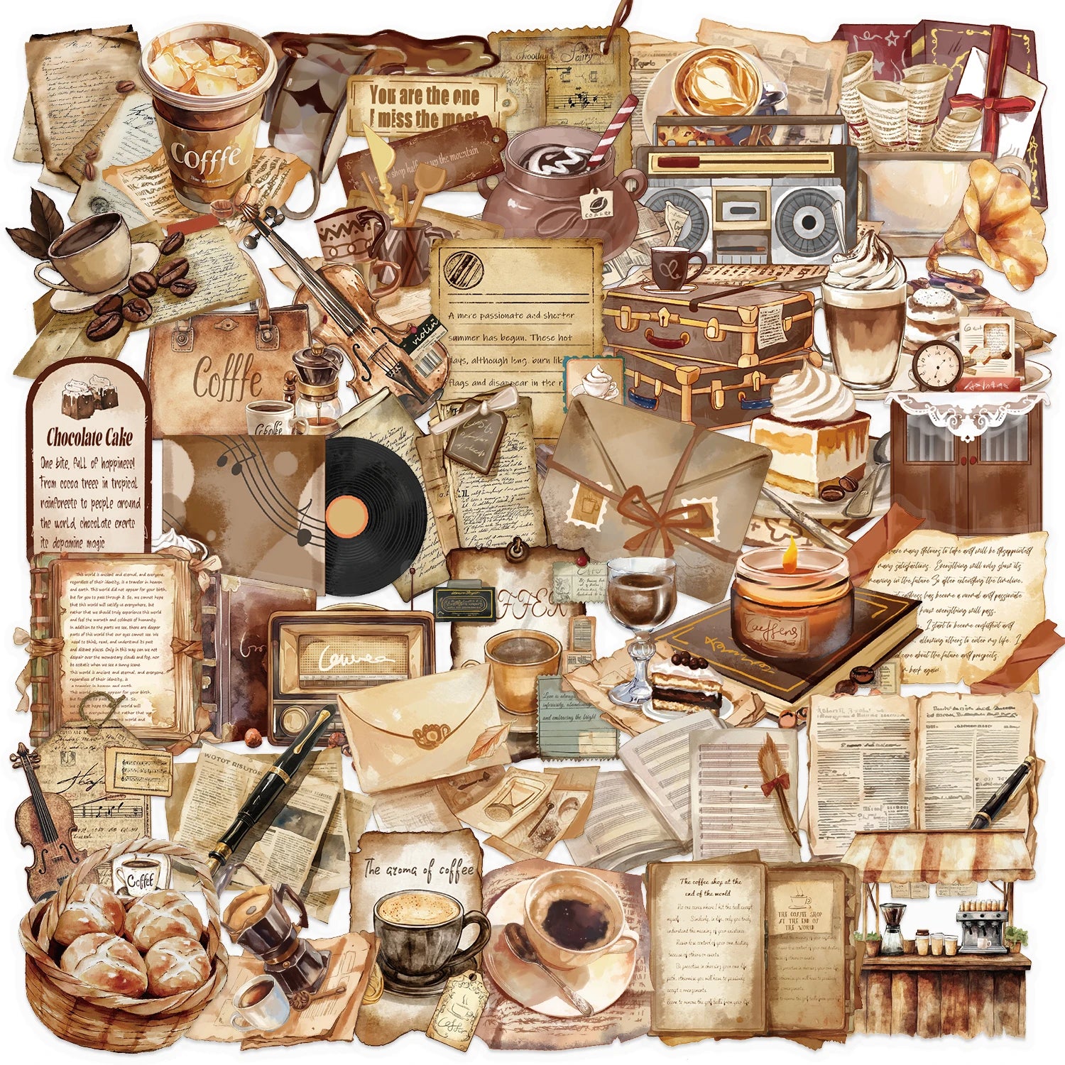 Cozy Café Collection PET Stickers – 50 Vintage Coffee & Bakery Stickers