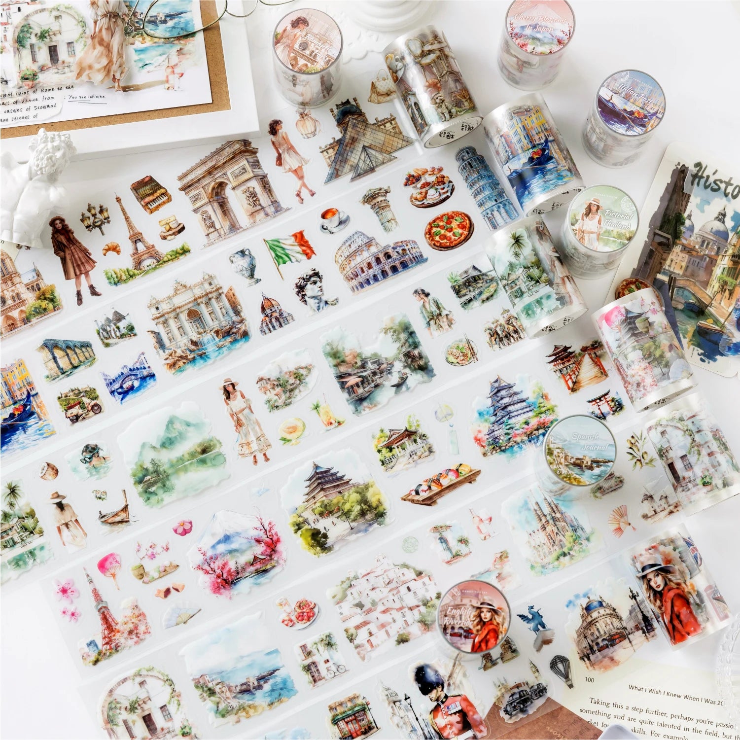 Wanderlust Whimsy – Travel Landmark PET Sticker Roll