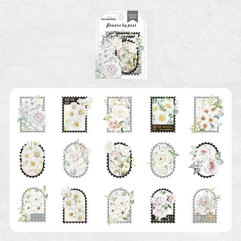 30 Pcs Colorful Floral PET Stamp Stickers for Journaling & Scrapbooking - PaperWrld