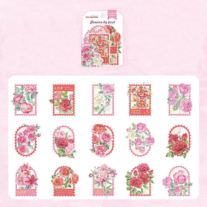 30 Pcs Colorful Floral PET Stamp Stickers for Journaling & Scrapbooking - PaperWrld