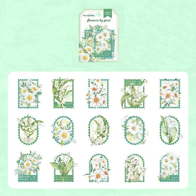30 Pcs Colorful Floral PET Stamp Stickers for Journaling & Scrapbooking - PaperWrld