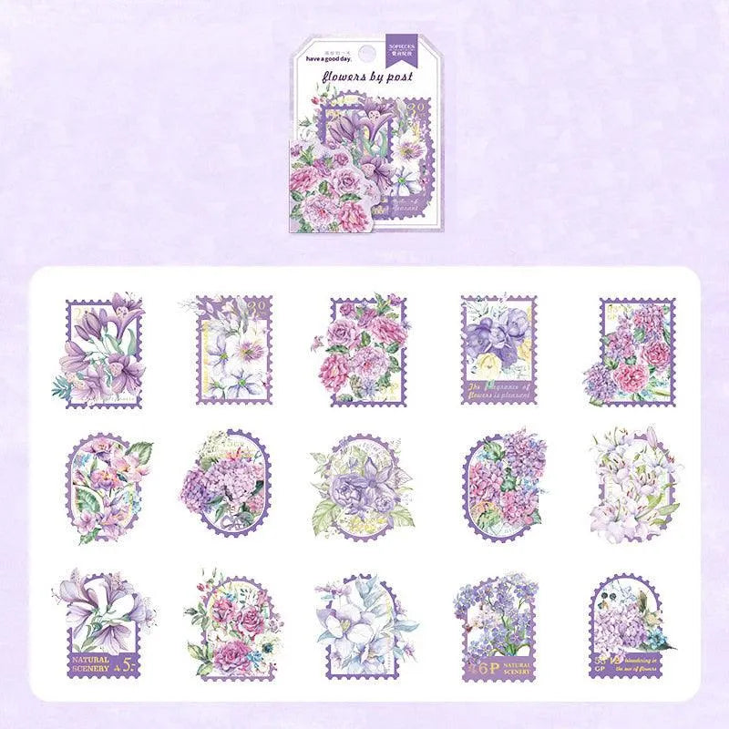 30 Pcs Colorful Floral PET Stamp Stickers for Journaling & Scrapbooking - PaperWrld
