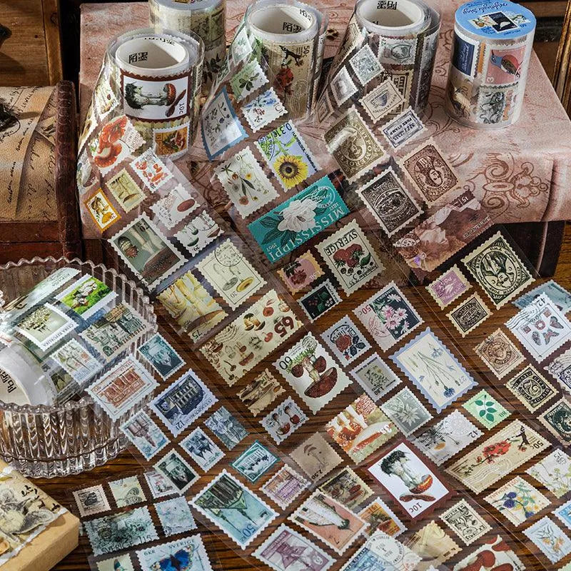 Vintage & Nature Postage Stamps Washi Tape Set - 150 Adhesive Stickers per Roll for Journaling & Scrapbooking - PaperWrld