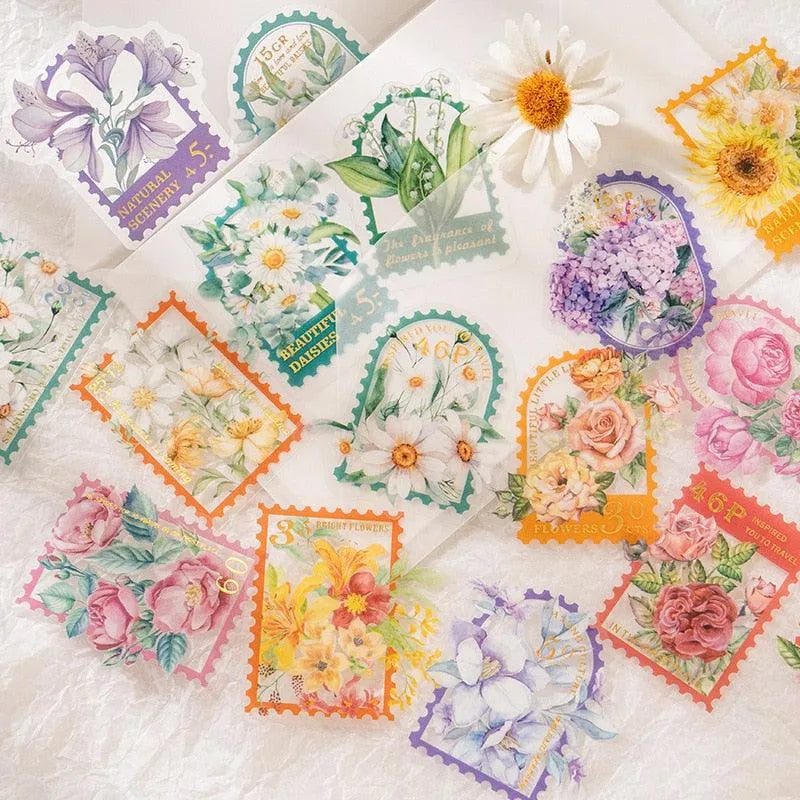 30 Pcs Colorful Floral PET Stamp Stickers for Journaling & Scrapbooking - PaperWrld