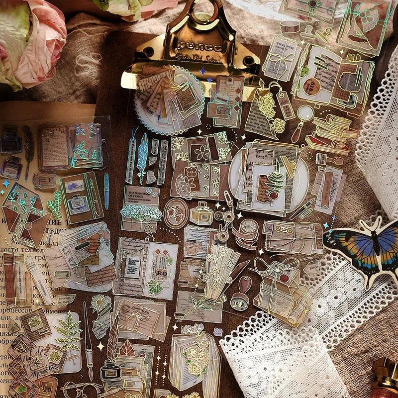 Gold-Lined PET Stickers Pack - 3 Sheets of Retro and Butterfly Designs for Journaling & Scrapbooking - PaperWrld