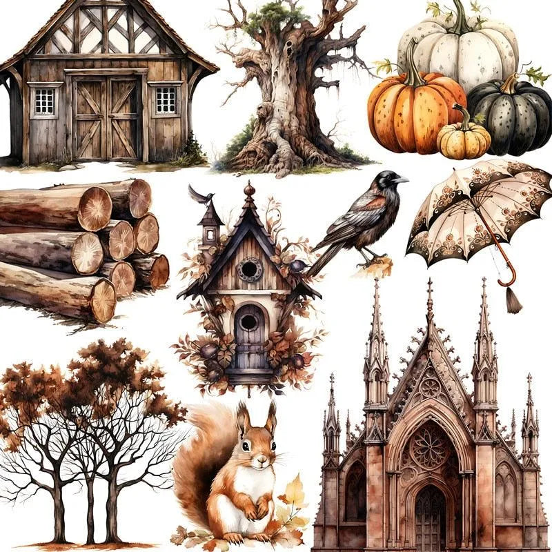 12Pcs Gothic And Autumn Paper Stickers Set for Journaling & Scrapbooking - PaperWrld