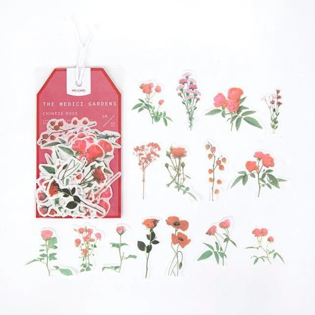 The Medici Gardens Sticker Pack - 45 Pcs Botanical Washi Stickers for Journaling & Scrapbooking - PaperWrld