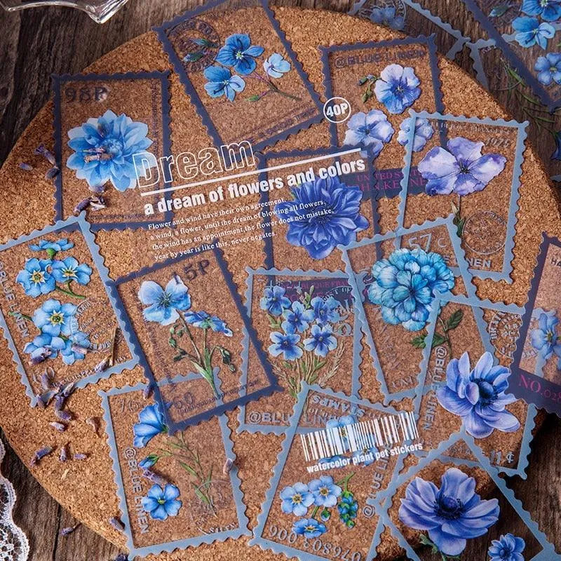 Vintage Flower Stamp Sticker Pack - 40 Pcs Botanical PET Stickers for Journaling & Scrapbooking - PaperWrld