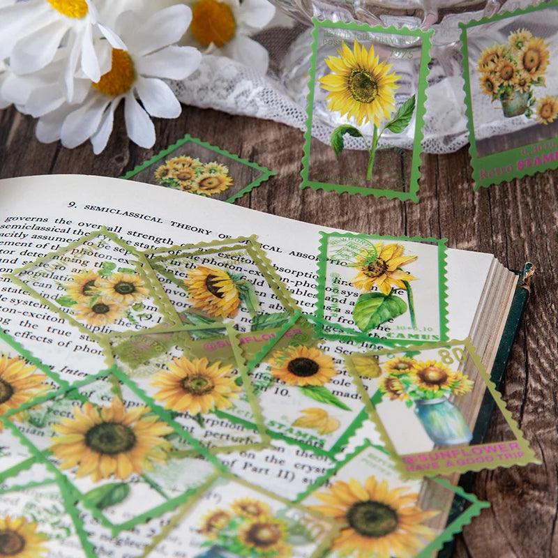 Vintage Flower Stamp Sticker Pack - 40 Pcs Botanical PET Stickers for Journaling &amp; Scrapbooking - PaperWrld