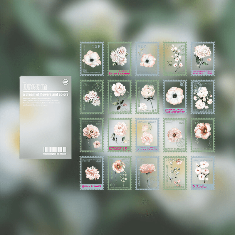 Vintage Flower Stamp Sticker Pack - 40 Pcs Botanical PET Stickers for Journaling &amp; Scrapbooking - PaperWrld