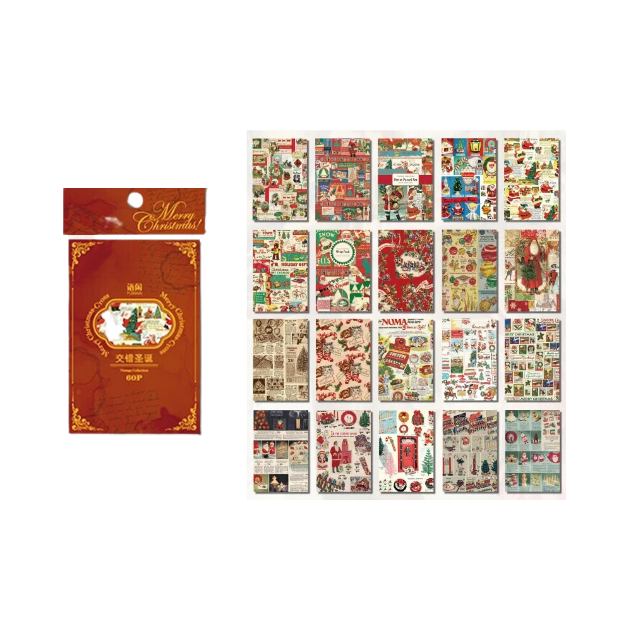 60 Stück Weihnachten Hintergrundmaterial Papier Junk Journal Planer Aufkleber Scrapbooking Vintage Dekorativ DIY Handwerk Fotoalbum