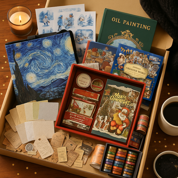 Artistic supplies including paint samples, a book titled 'Oil Painting', and a box of paint tubes on a wooden surface.