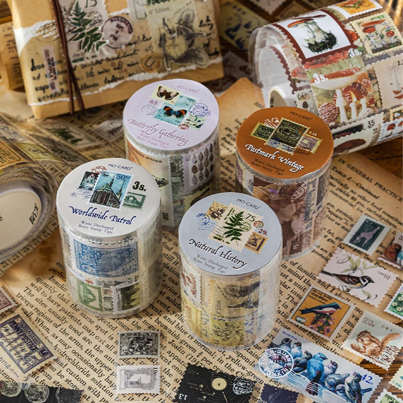 Vintage & Nature Postage Stamps Washi Tape Set - 150 Adhesive Stickers per Roll