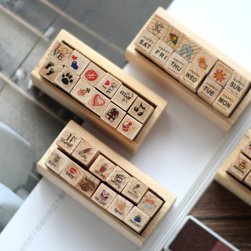 Vintage Cartoon Wooden Rubber Stamp Set