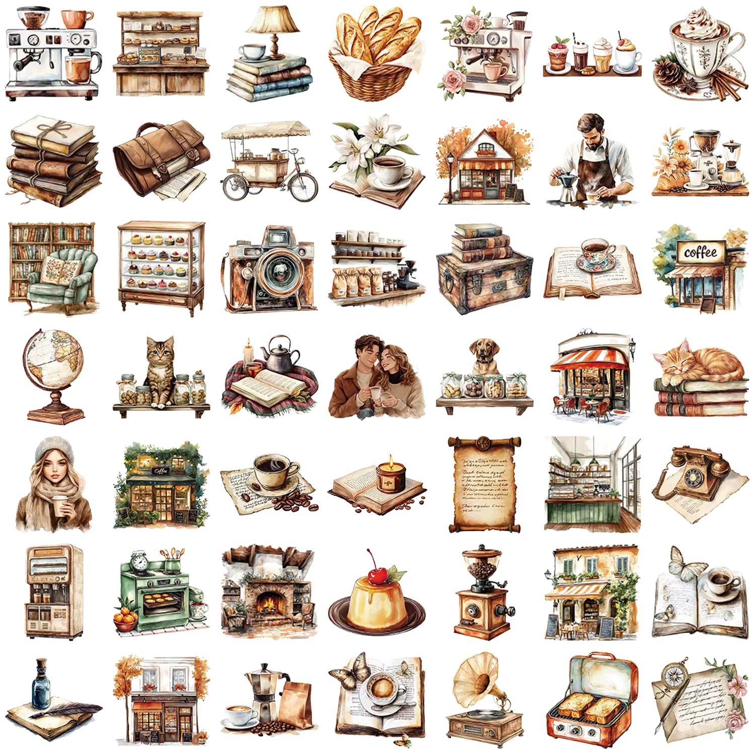 Cozy Café Collection PET Stickers – 50 Vintage Coffee & Bakery Stickers