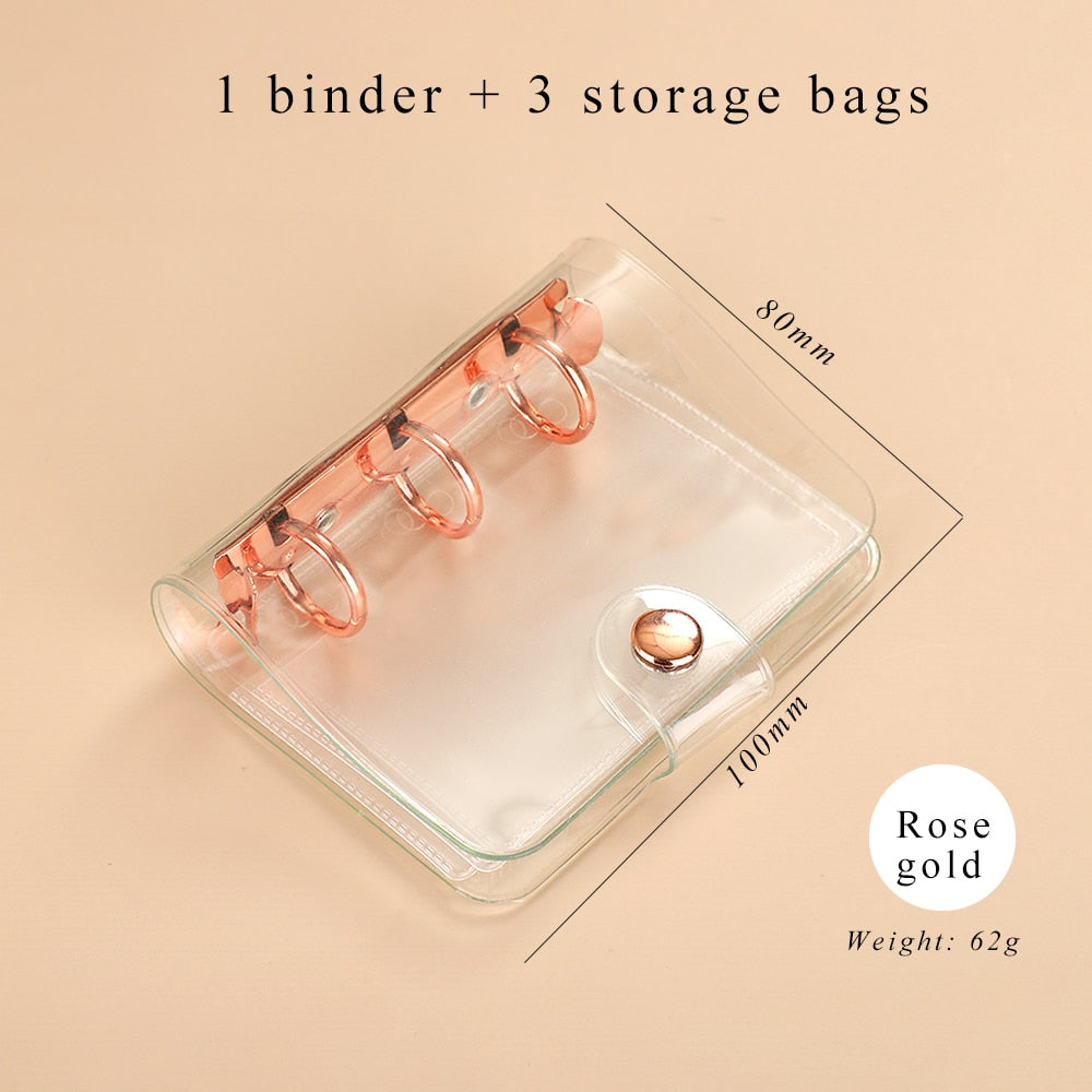 Mini Transparent Ring Binders with Storage Bag and Inserts - Rose Gold - PaperWrld
