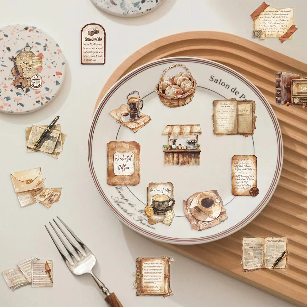 Cozy Café Collection PET Stickers – 50 Vintage Coffee & Bakery Stickers