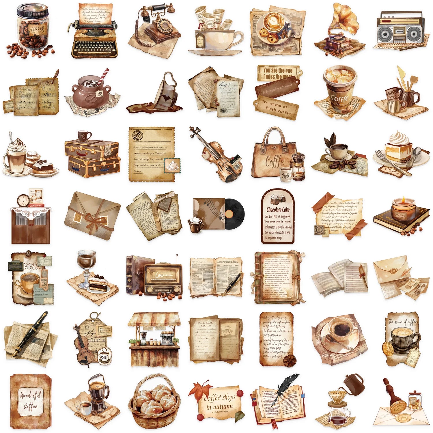 Cozy Café Collection PET Stickers – 50 Vintage Coffee & Bakery Stickers