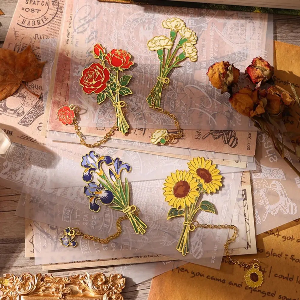 Vintage Floral Metal Bookmark with Chain Charm