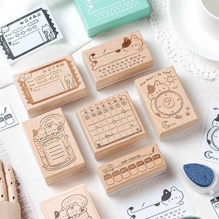 Cat Planner Wooden Rubber Stamp