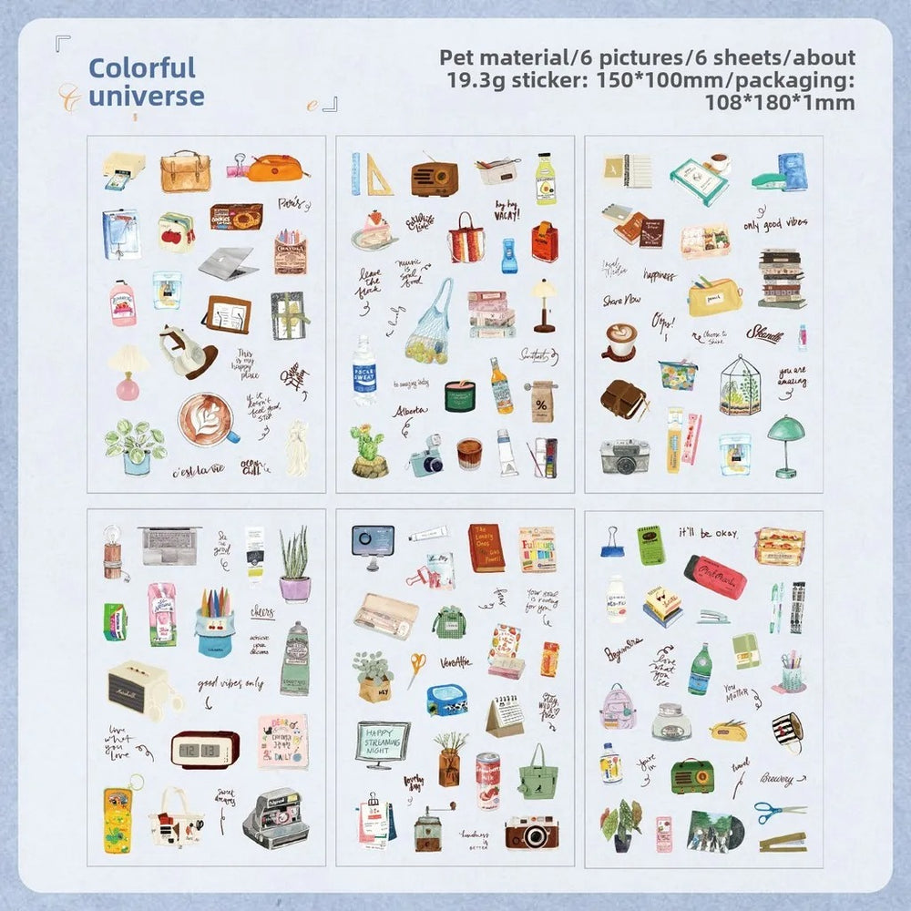 Vintage PET Sticker Set – 6 Sheets Aesthetic Journal Scrapbook Stickers