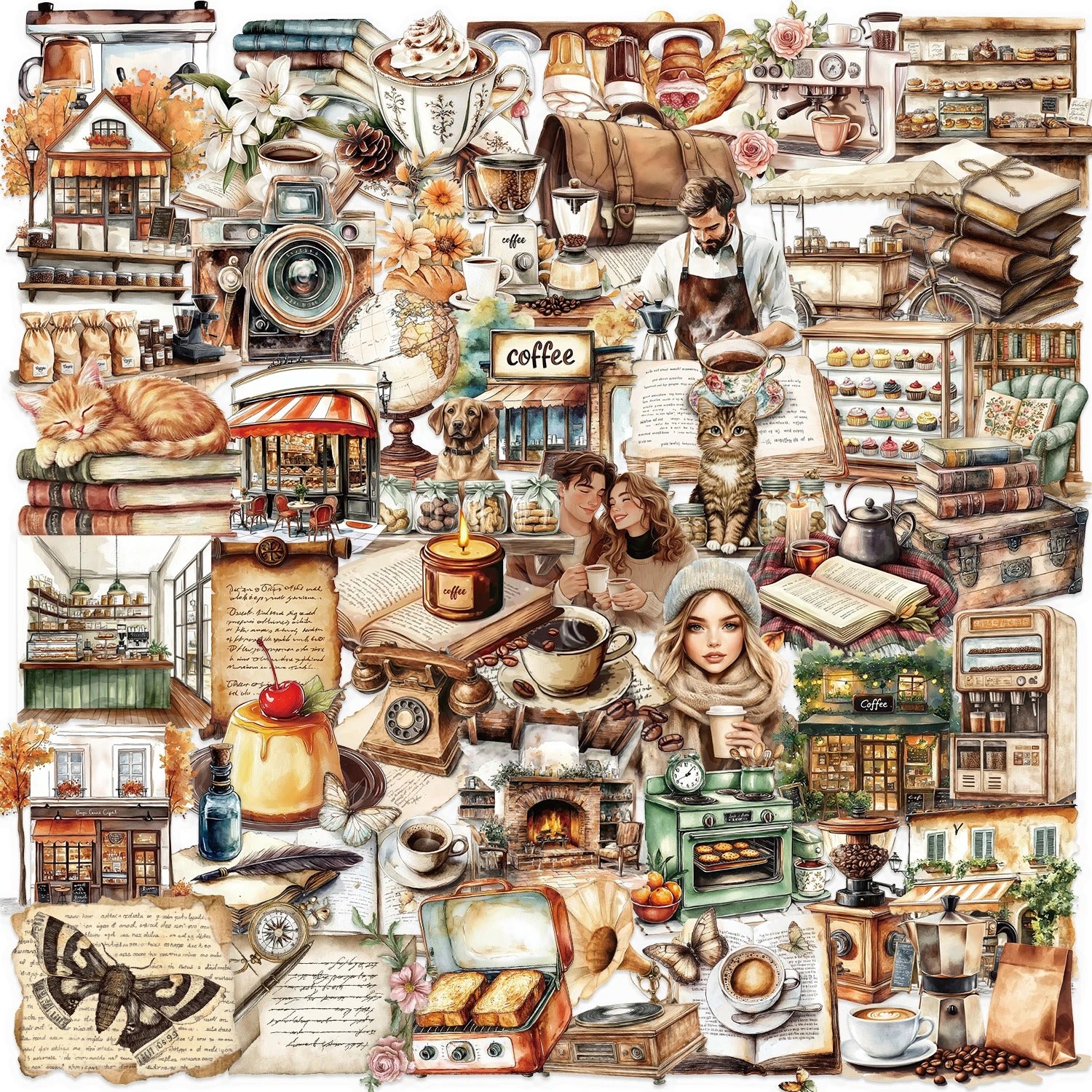 Cozy Café Collection PET Stickers – 50 Vintage Coffee & Bakery Stickers