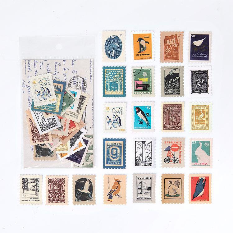 46Pcs Postage Stamp Coated Paper Stickers - Retro painting set - PaperWrld