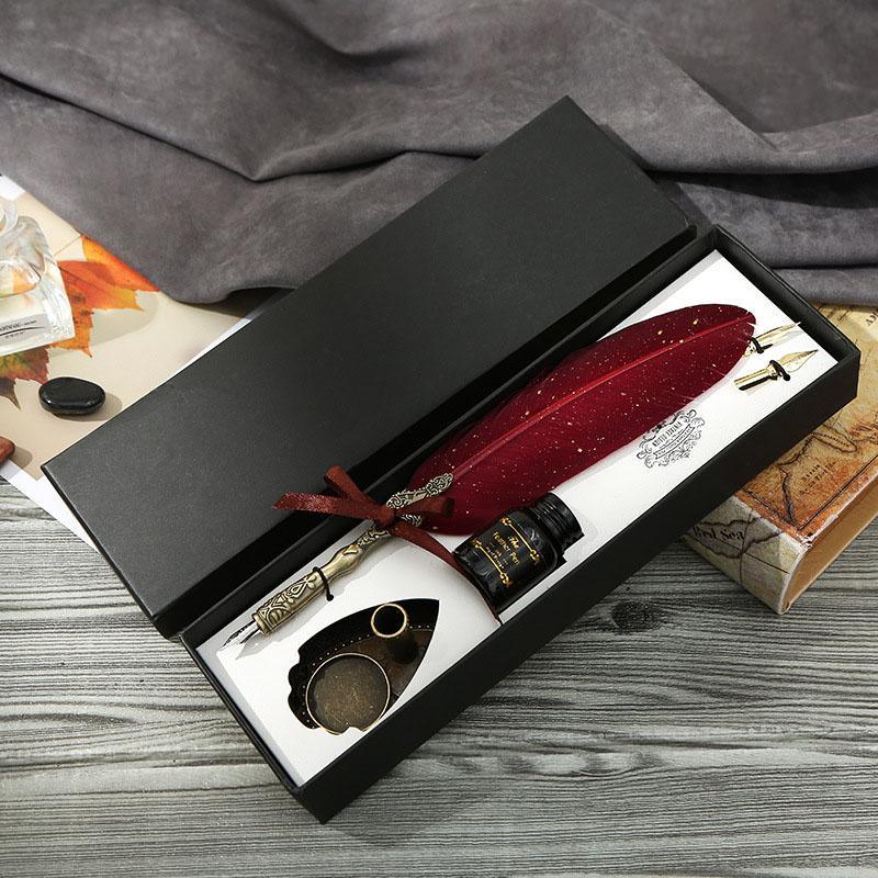 Vintage Calligraphy Pen Set With Feather - Red - PaperWrld